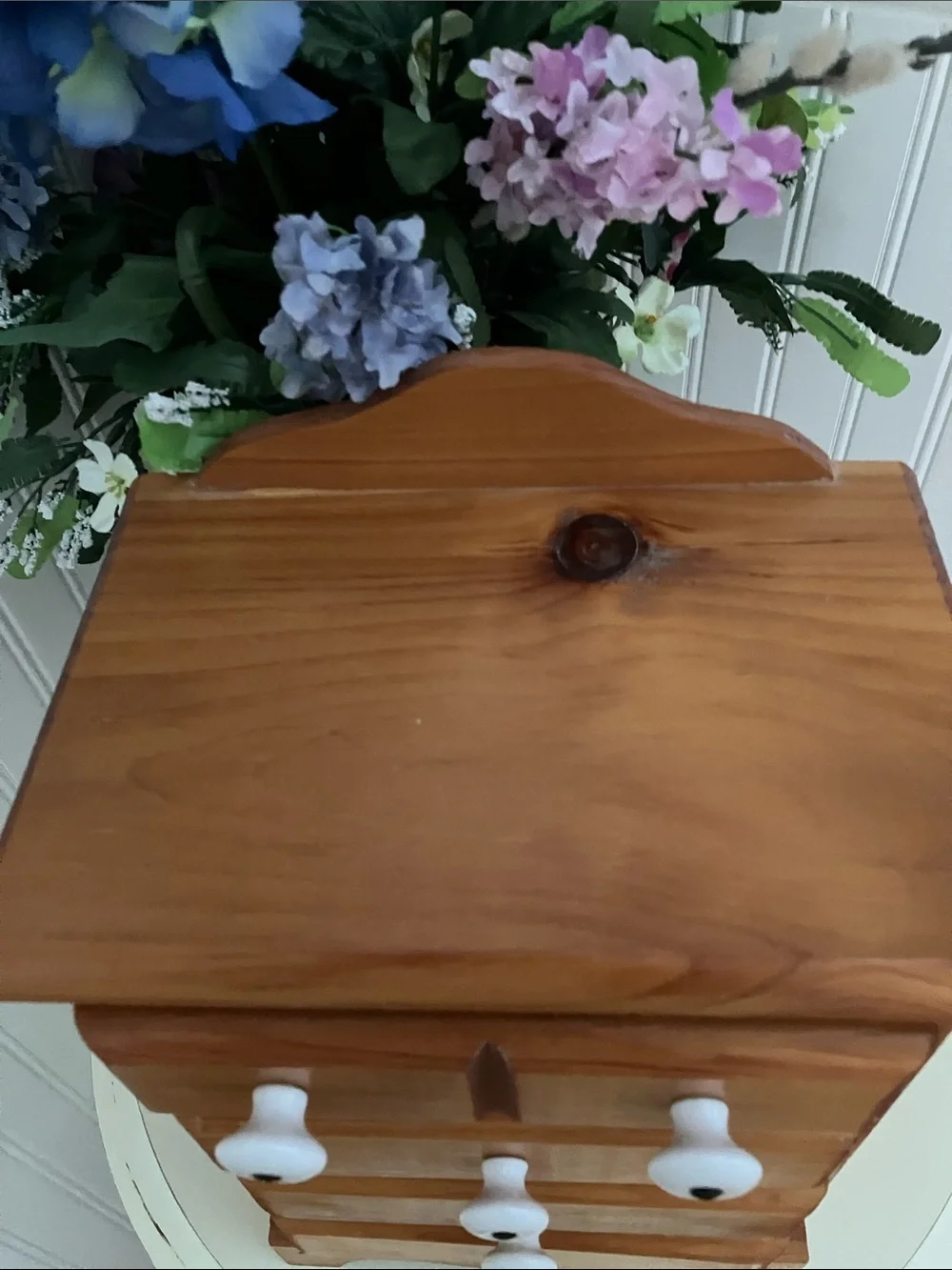Vintage Pine Wood Small Storage Tabletop Cabinet With Porcelain Pulls